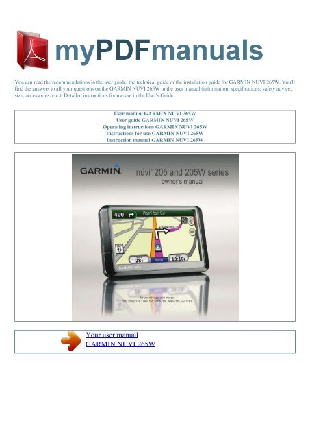 arrangere emulsion balkon User manual GARMIN NUVI 265W - MY PDF MANUALS