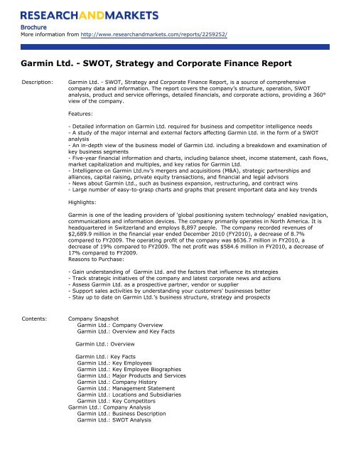 Garmin Ltd. - SWOT, Strategy and Corporate Finance Report