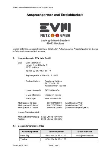 Download PDF: Anlage 1: Ansprechpartner und ... - EVM Netz