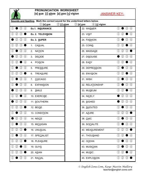 PRONUNCIATION WORKSHEET [s] sue [ß] shoe [z] zoo [Ω] vision ① ...