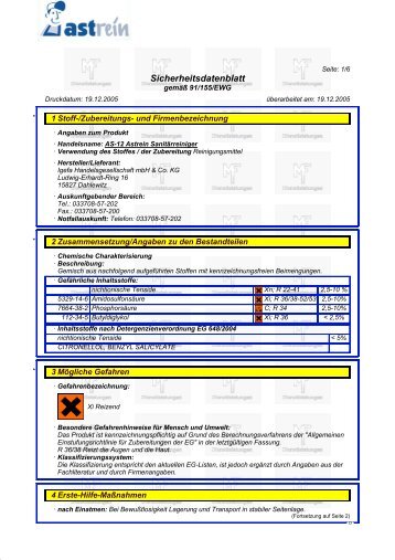 Sicherheitsdatenblatt gemäss EG - Richtlinie 91 / 155 / EWG