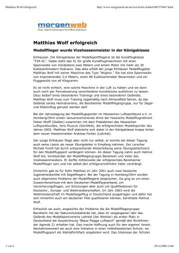 Matthias Wolf erfolgreich - Modellflieger-Gruppe Bensheim eV