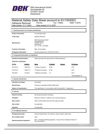 Safety Data Sheet Material Safety Data Sheet ... - DEK International