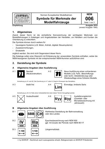 NEM 006 Symbole für Merkmale von Modellfahrzeugen