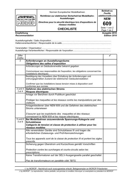 Beiblatt zu NEM 609 Checkliste