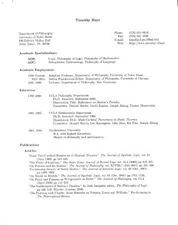 Timothy Bays's Curriculum Vitae (PDF) - Department of Philosophy ...