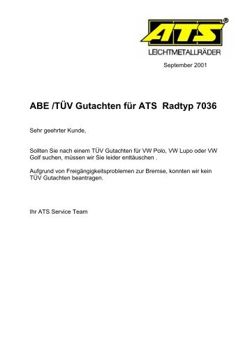 ABE /TÜV Gutachten für ATS Radtyp 7036 - ATS Leichtmetallräder ...