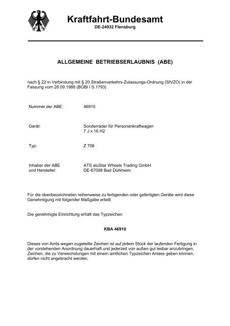 Allgemeine Betriebserlaubnis (ABE) Z 706.JM.35