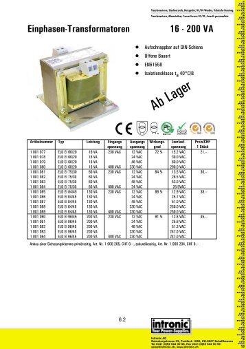 Einphasen-Transformatoren 16 - 200 VA - Intronic AG