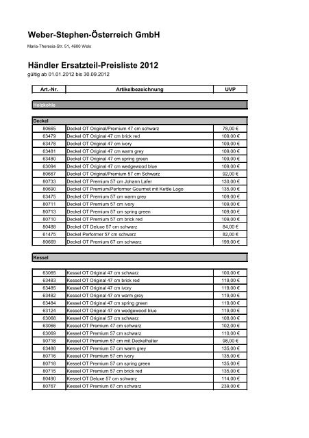 Weber-Stephen-Österreich GmbH Händler Ersatzteil-Preisliste 2012 ...