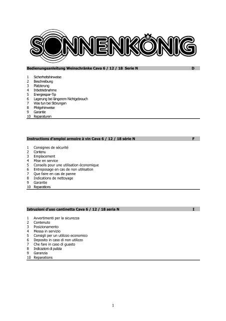 1 Bedienungsanleitung Weinschränke Cava 6 / 12 ... - Sonnenkönig