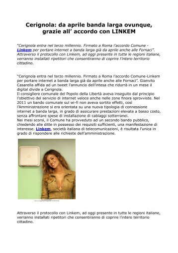 Linkem, Cerignola, da aprile banda larga ovunque