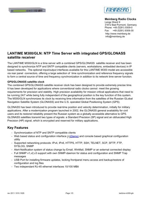 LANTIME M300/GLN: NTP Time Server with integrated GPS ... - JTelec