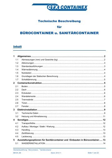 Technische Beschreibung für BÜROCONTAINER - Containex