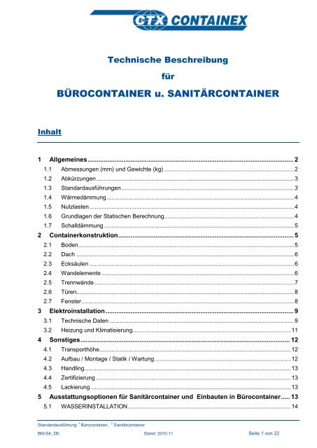 Technische Beschreibung Fur Burocontainer Containex