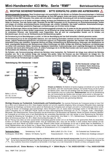 Mini-Handsender 433 MHz. Serie “RMF” - Rohrmotor24