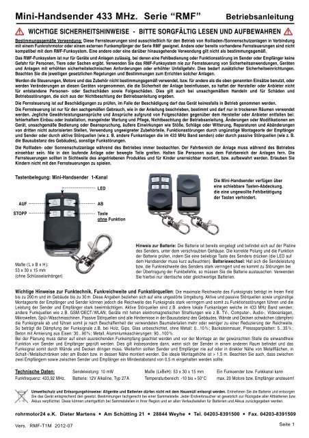 Mini-Handsender 433 MHz. Serie “RMF” - Rohrmotor24