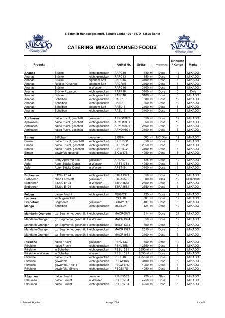 I.Schmidt Berlin Mikado foods Sortimentsliste
