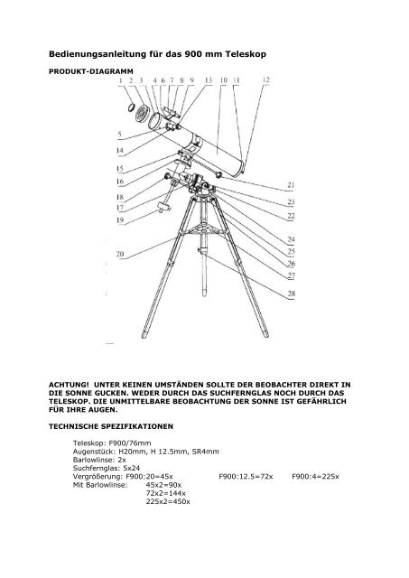 Bedienungsanleitung für das 900 mm Teleskop