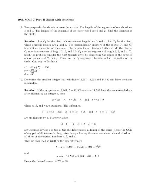 49th MMPC Part II Exam with solutions 1. Two perpendicular chords ...