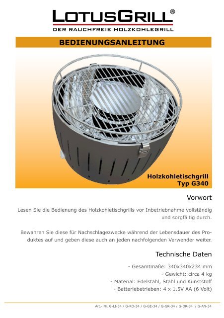 Lotusgrill® Bedienungsanleitung im PDF-Format - GrillDepot.de