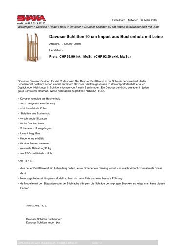 Davoser Schlitten 90 cm Import aus Buchenholz mit Leine