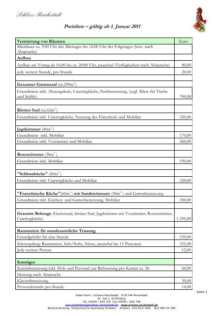 Preisliste - Schloss Reichstädt