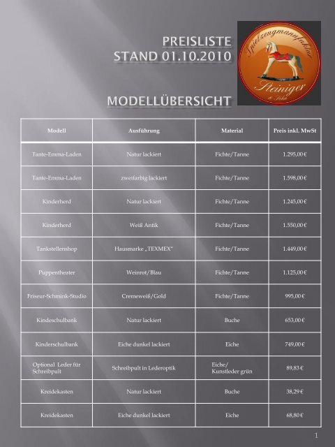 Preisliste - Antik- & Spielzeugmanufaktur Thomas Steiniger & Sohn