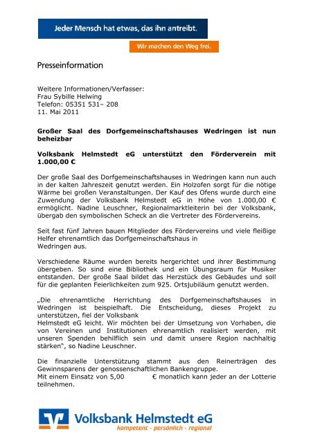 Holzofen für Dorfgemeinschaftshaus Wedringen - Volksbank ...