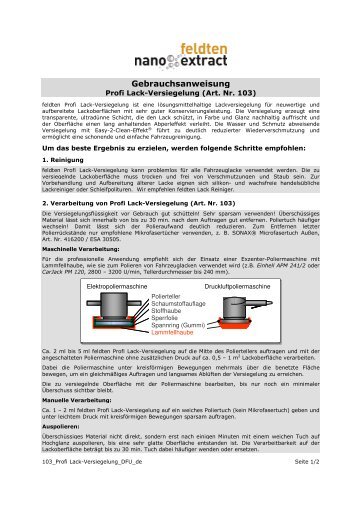 Gebrauchsanweisung Profi Lack-Versiegelung