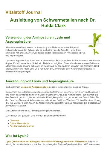 Vitalstoff Journal Ausleitung von Schwermetallen nach Dr. Hulda Clark