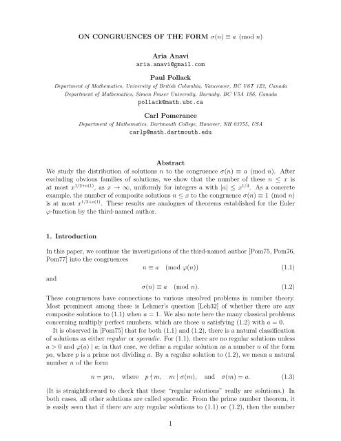 ON CONGRUENCES OF THE FORM σ(n) ≡ a (mod n) Aria Anavi ...