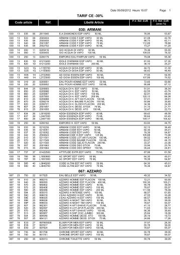 TARIF CE -30% 030: ARMANI 067: AZZARO