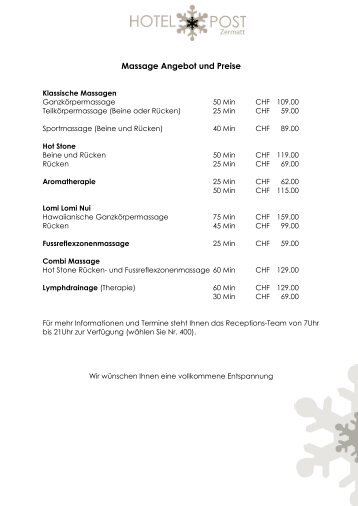 Massage Angebot und Preise - Hotel Post Zermatt