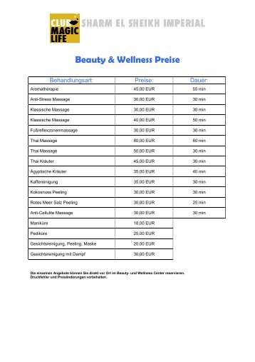 Beauty & Wellness Preise - Club Magic Life