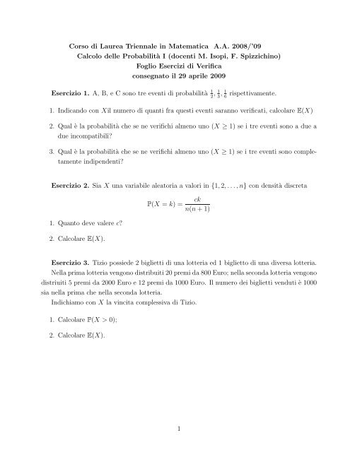 Esercizi - Dipartimento di Matematica