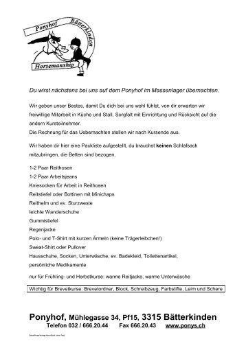 Packliste für Lager und Brevetkurs - Ponyhof Bätterkinden