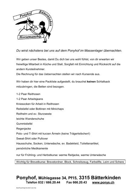 Packliste für Lager und Brevetkurs - Ponyhof Bätterkinden