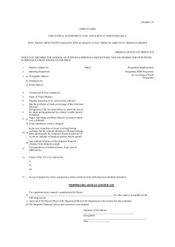 DGS&D - 85 INDENT FORM FOR CENTRAL GOVERNMENT CIVIL ...