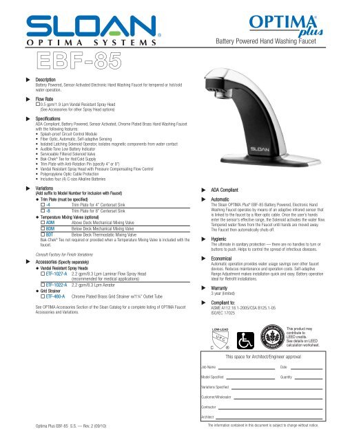 Optima Plus EBF-85 Specification Sheet - Sloan Valve Company