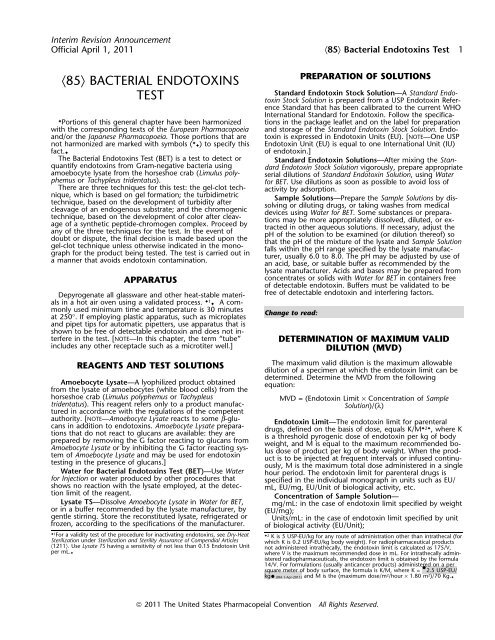 〈85〉 bacterial endotoxins test - US Pharmacopeial Convention