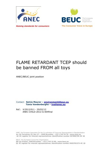 FLAME RETARDANT TCEP should be banned FROM all toys - ANEC