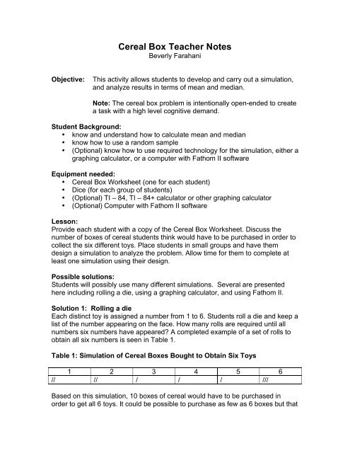 Final Teacher Notes For Cereal Box Math Forum