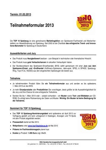 Teilnahmeformular 2013 - TOP10 Spielzeug - BVT