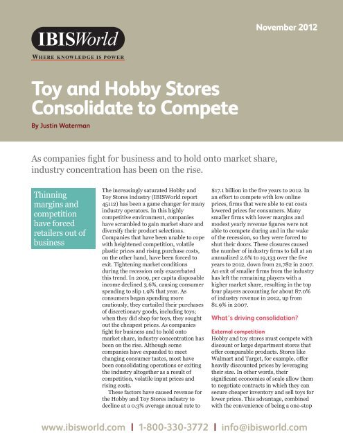 Toy and Hobby Stores Consolidate to Compete - IBISWorld