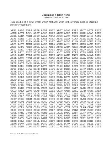 Uncommon 4-letter words Here is a list of 4-letter words which ...