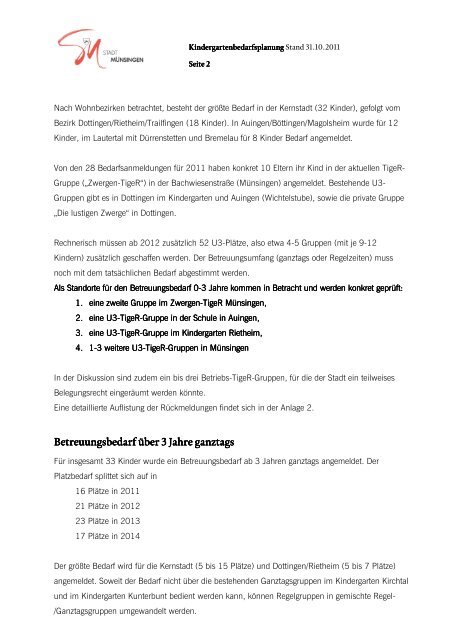 KINDERGARTENBEDARFSPLANUNG 2011 ... - Stadt Münsingen