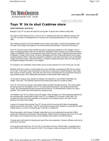 Toys 'R' Us to shut Crabtree store