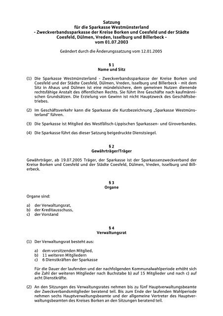 Satzung Fur Die Kreissparkasse Borken Zweckverbands Sparkasse