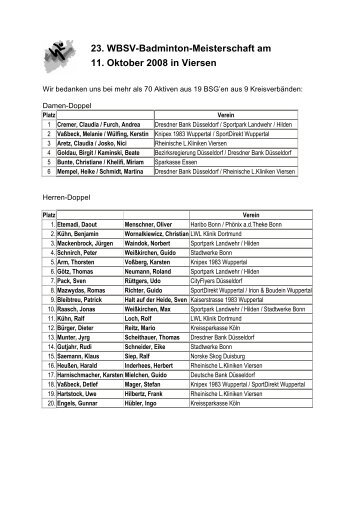 23. WBSV-Badminton-Meisterschaft am 11. Oktober 2008 in Viersen